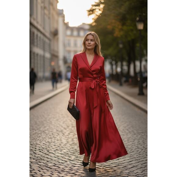 Badgley Mischka Preloved Women's Long Sleeve Jacquard Gown in Red Size US 2 - Picture 2 of 4